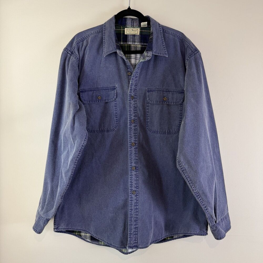 Vintage 90s LL Bean Button Up Denim Flannel Lined Shirt Jacket USA Made, Mens XL